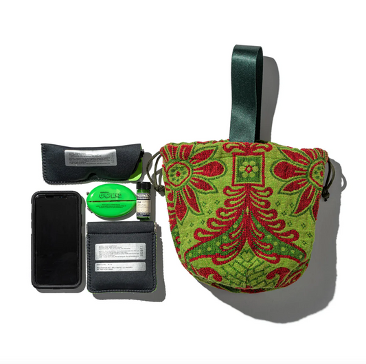 Jacquard Fabric Drawstring Bag / Green