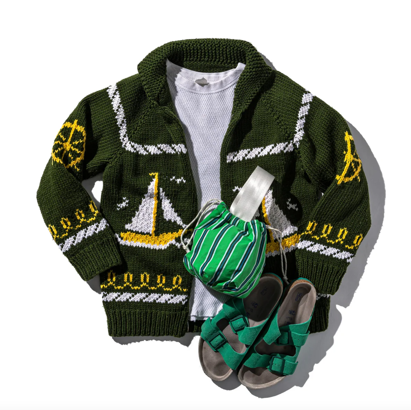 Shirt Fabric Drawstring Bag / Green Stripe